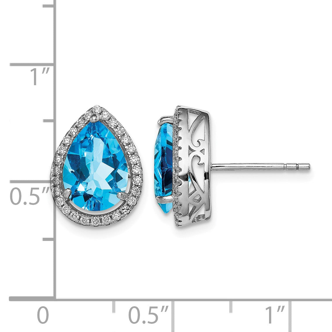 Sterling Silver Rhodium Polished Blue Topaz & CZ Post Earrings