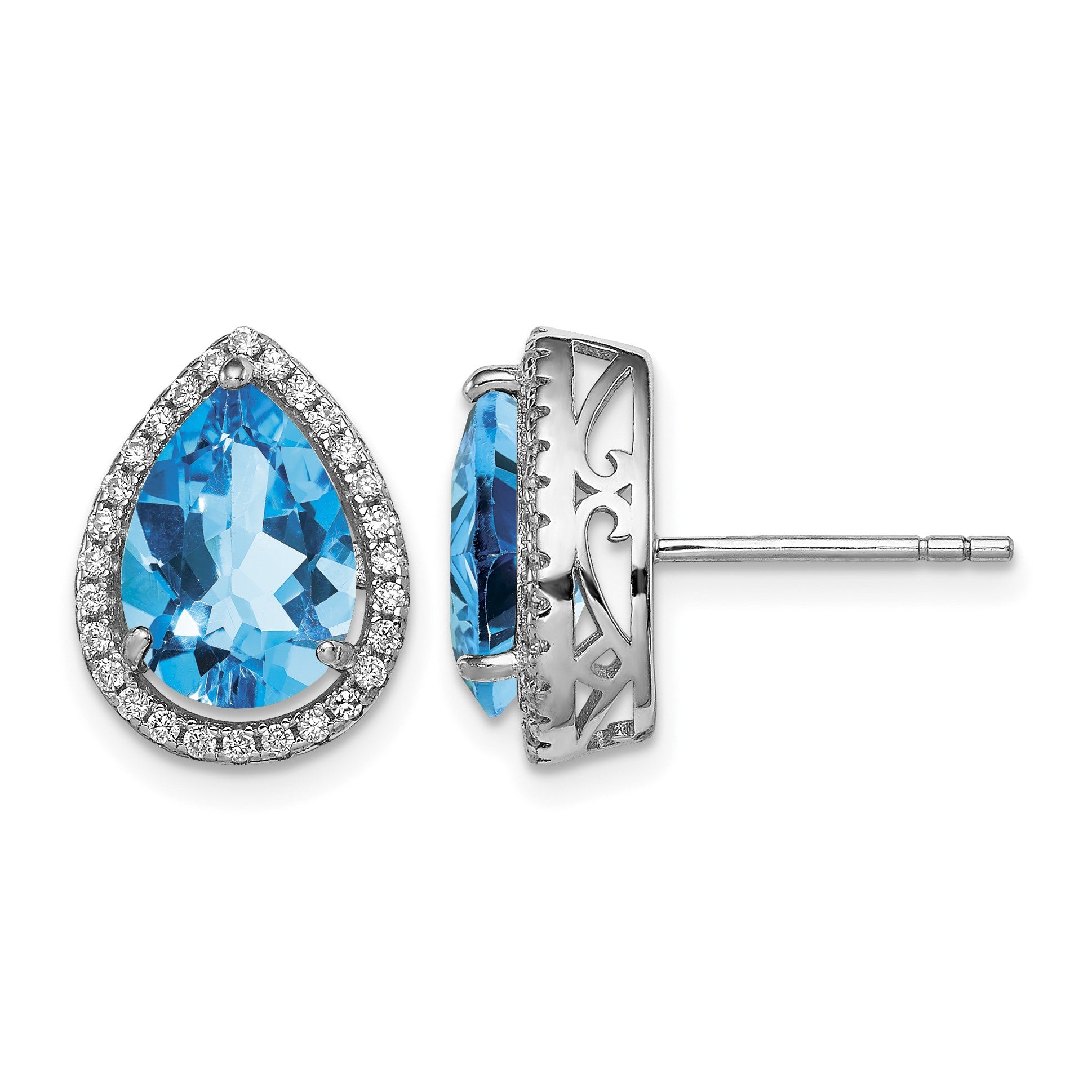 Sterling Silver Rhodium Polished Blue Topaz & CZ Post Earrings