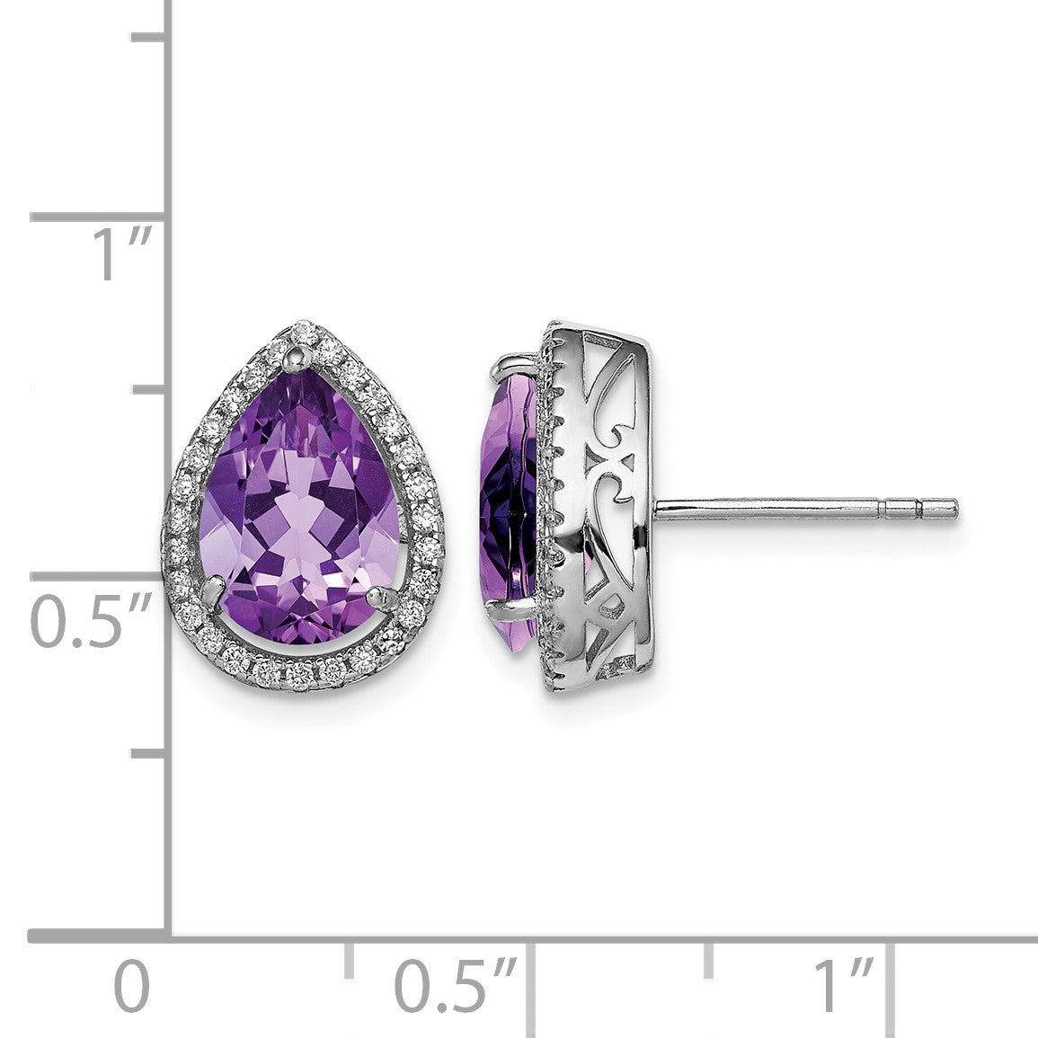 Sterling Silver Rhodium Polished Amethyst & CZ Post Earrings