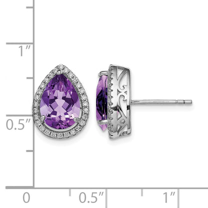 Sterling Silver Rhodium Polished Amethyst & CZ Post Earrings