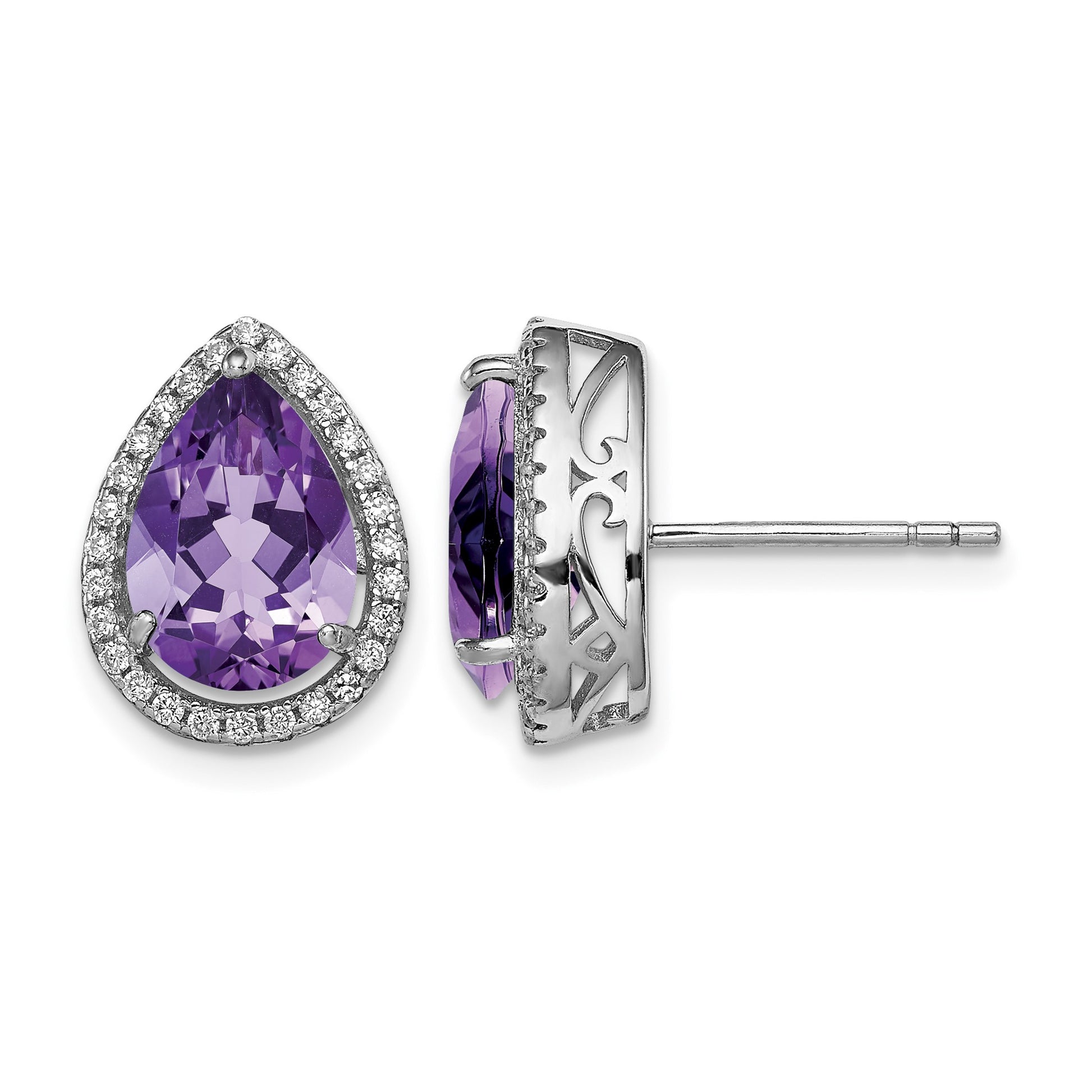 Sterling Silver Rhodium Polished Amethyst & CZ Post Earrings