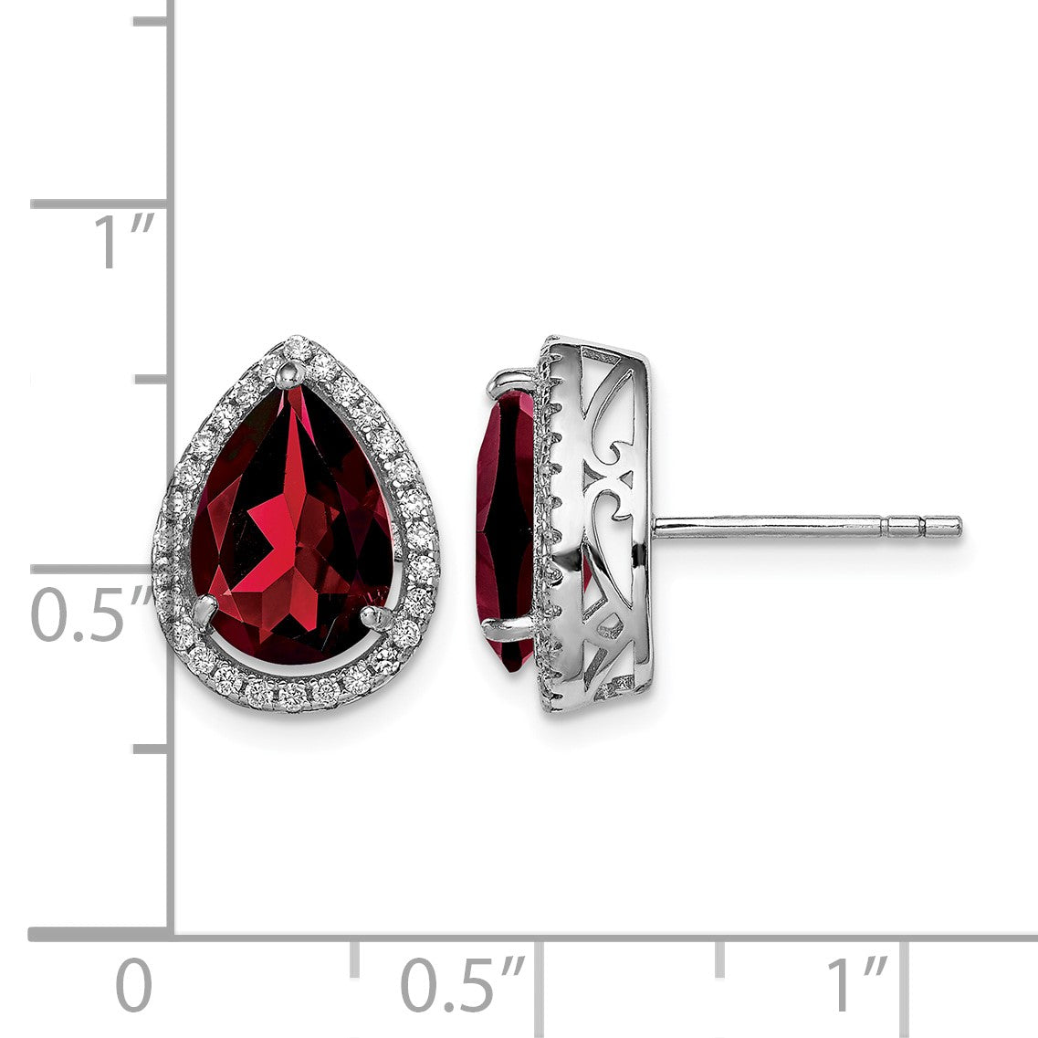 Sterling Silver Rhodium Polished Garnet & CZ Post Earrings