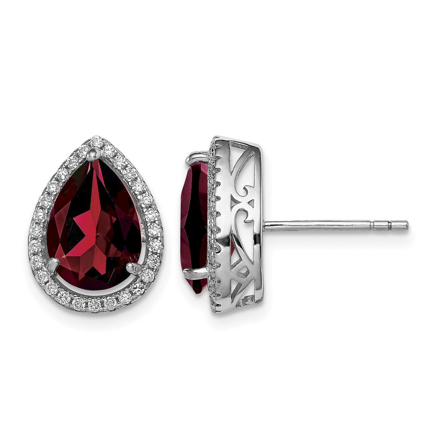 Sterling Silver Rhodium Polished Garnet & CZ Post Earrings