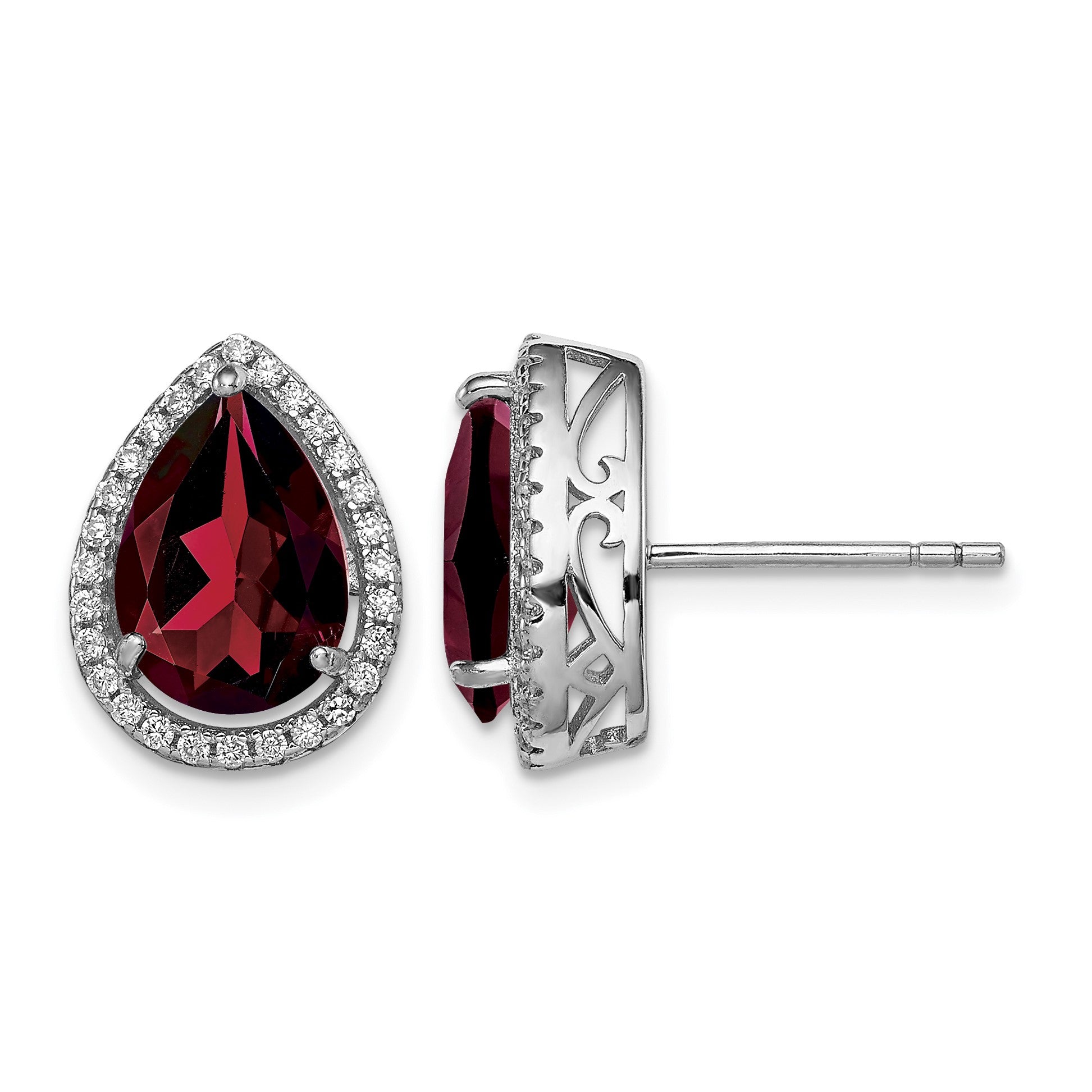 Sterling Silver Rhodium Polished Garnet & CZ Post Earrings