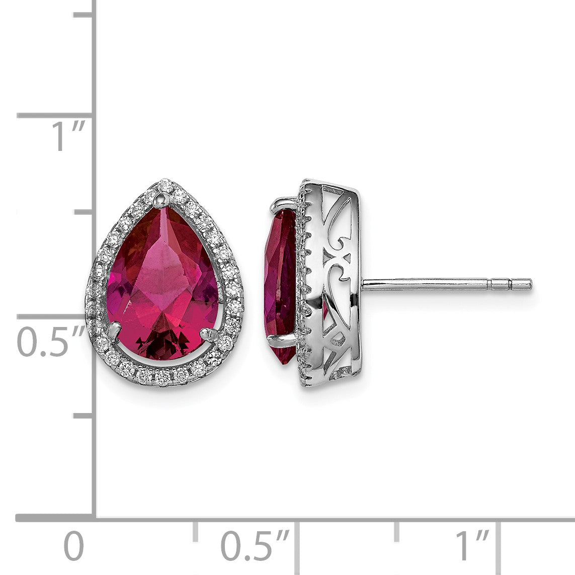 Sterling Silver Rhodium Polished Clear CZ and Lab Created Ruby Pear Post Earrings