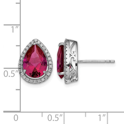 Sterling Silver Rhodium Polished Clear CZ and Lab Created Ruby Pear Post Earrings