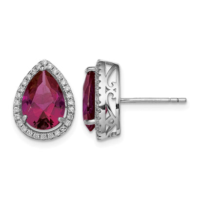 Sterling Silver Rhodium Polished Clear CZ and Lab Created Ruby Pear Post Earrings