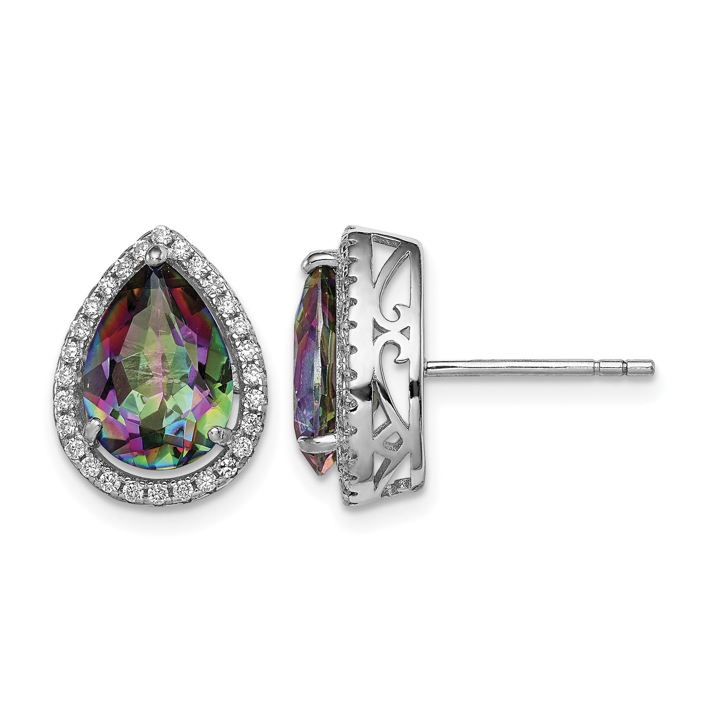 Sterling Silver Rhodium Polished Mystic Topaz & CZ Post Earrings