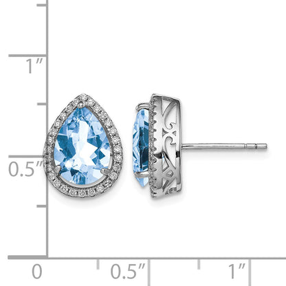Sterling Silver Rhodium Created Aquamarine & CZ Post Earrings