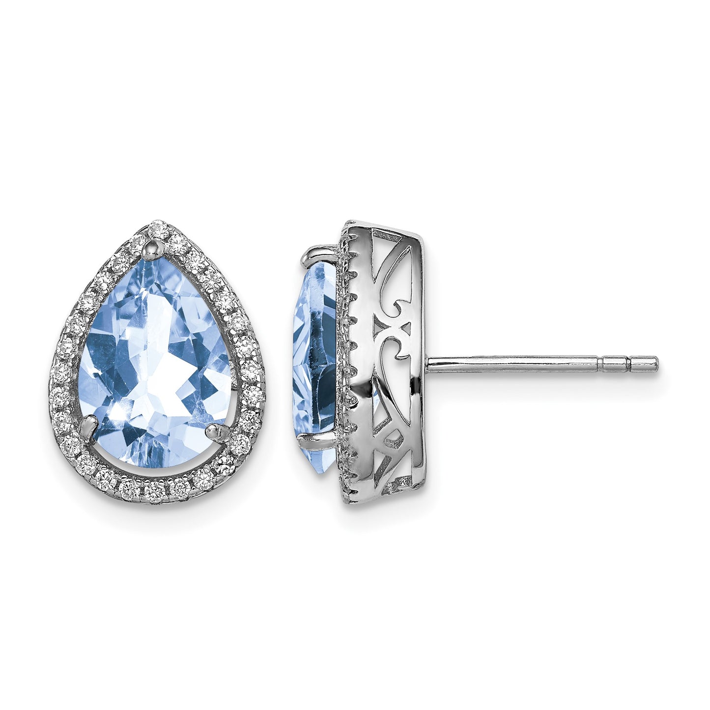 Sterling Silver Rhodium Created Aquamarine & CZ Post Earrings