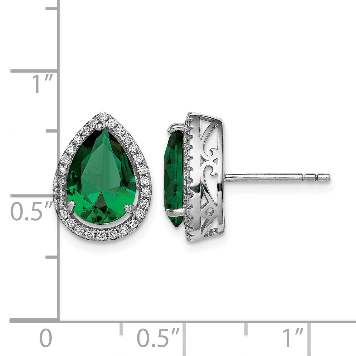 Sterling Silver Rhodium Simulated Emerald & CZ Post Earrings