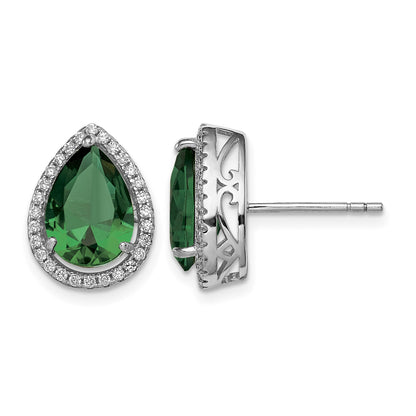 Sterling Silver Rhodium Simulated Emerald & CZ Post Earrings