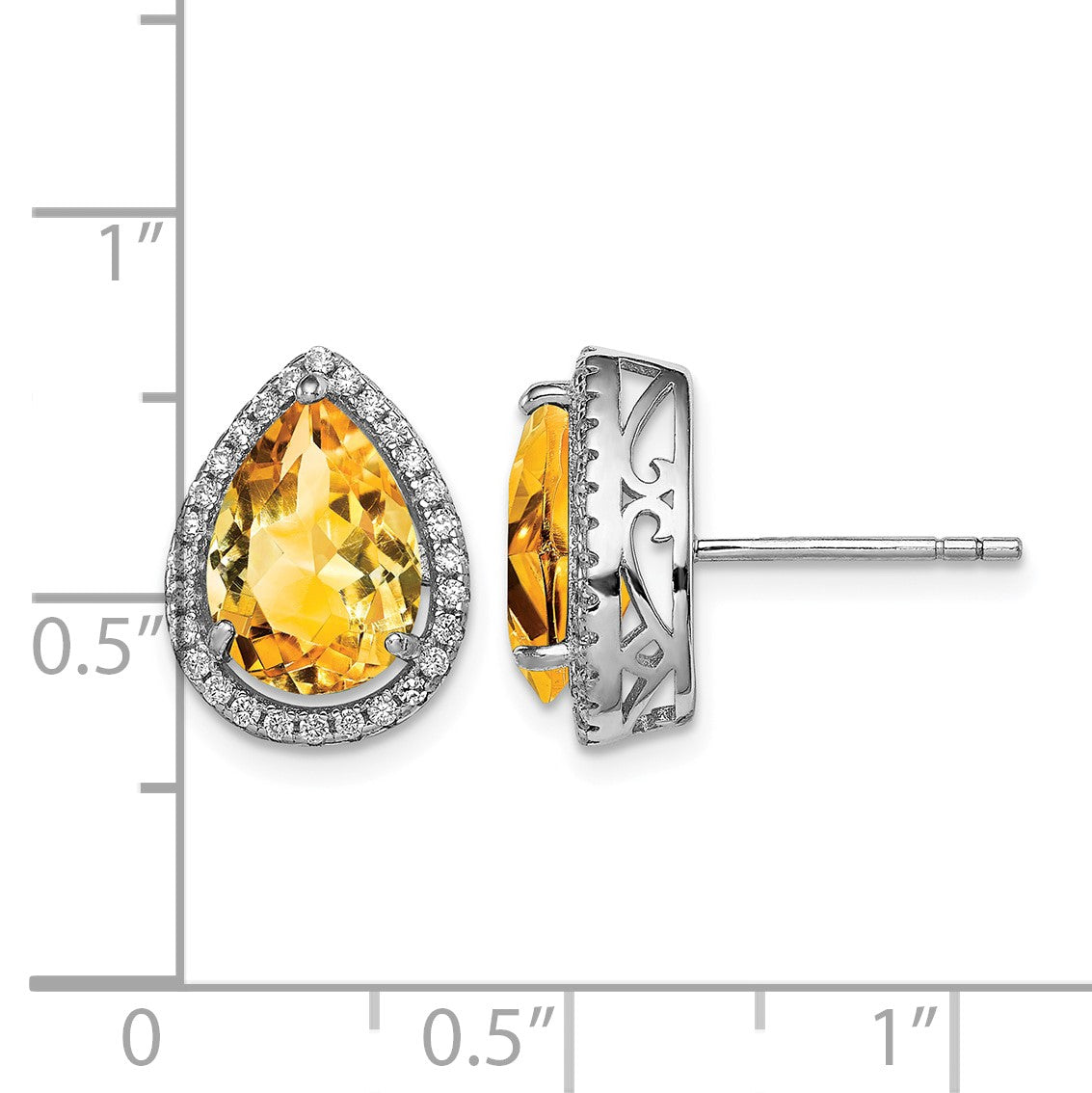 Sterling Silver Rhodium Polished Citrine & CZ Post Earrings