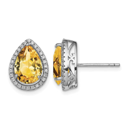 Sterling Silver Rhodium Polished Citrine & CZ Post Earrings