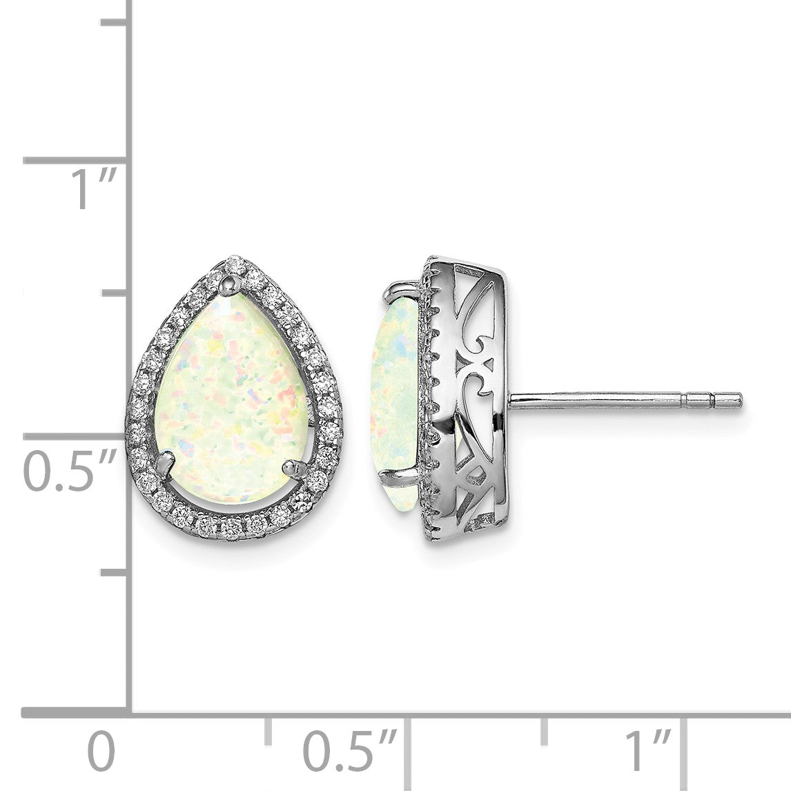 Sterling Silver Rhodium Polished Simulated Opal & CZ Post Earrings