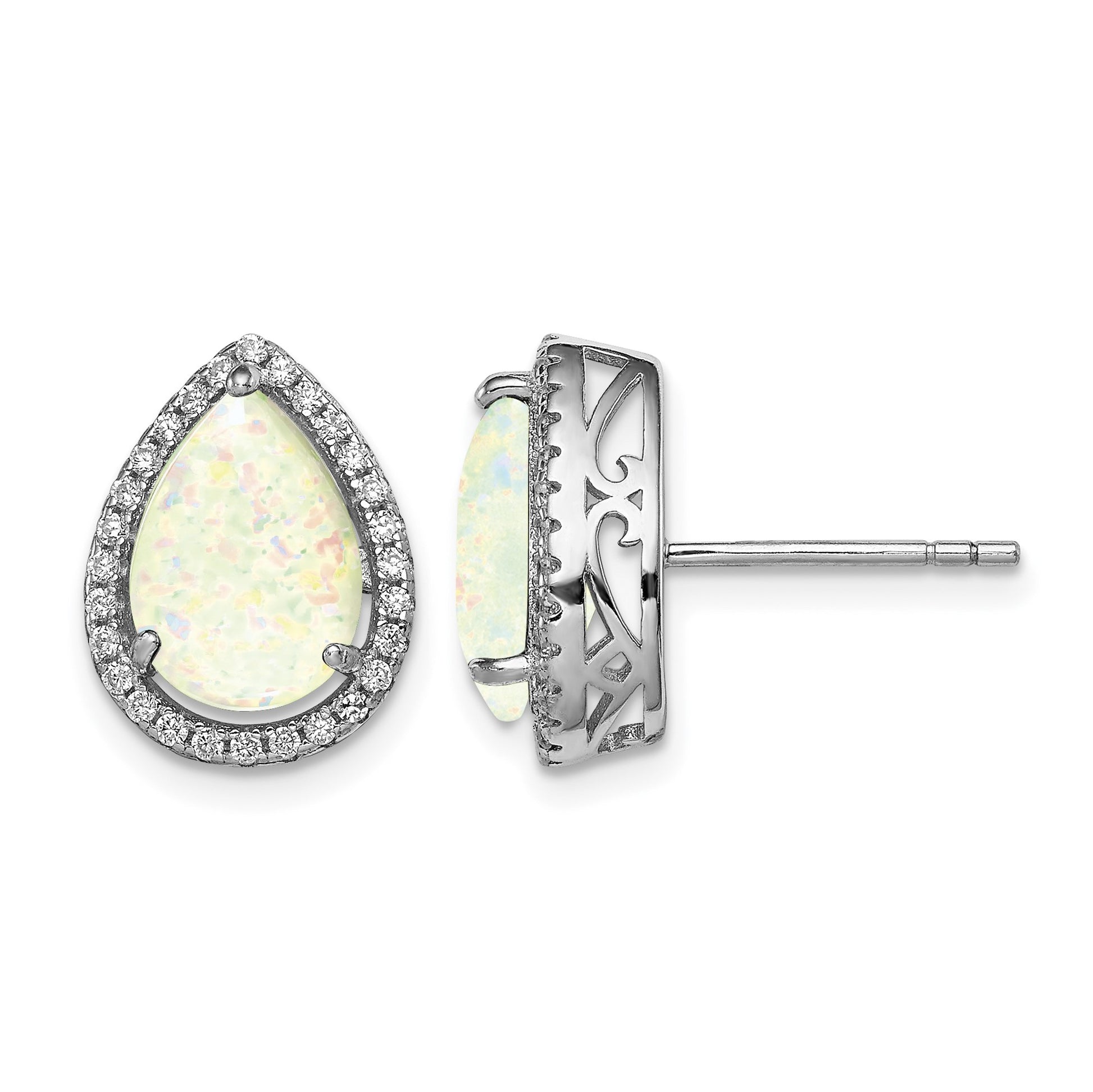 Sterling Silver Rhodium Polished Simulated Opal & CZ Post Earrings
