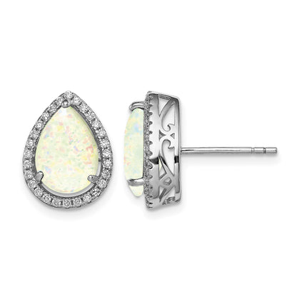 Sterling Silver Rhodium Polished Simulated Opal & CZ Post Earrings