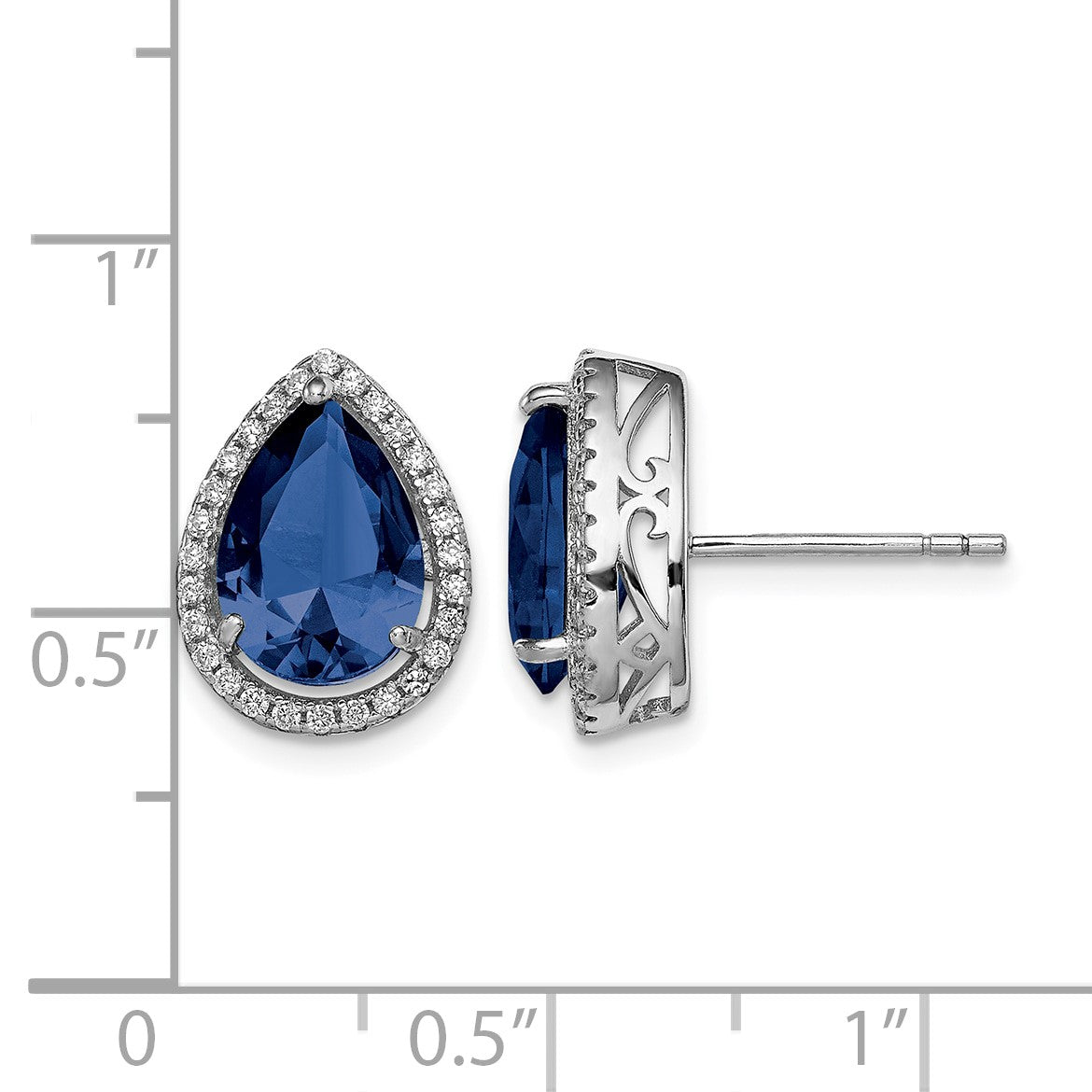 Sterling Silver Rhodium Created Sapphire & CZ Post Earrings