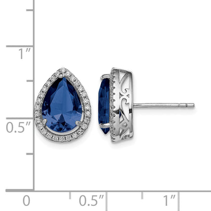 Sterling Silver Rhodium Created Sapphire & CZ Post Earrings