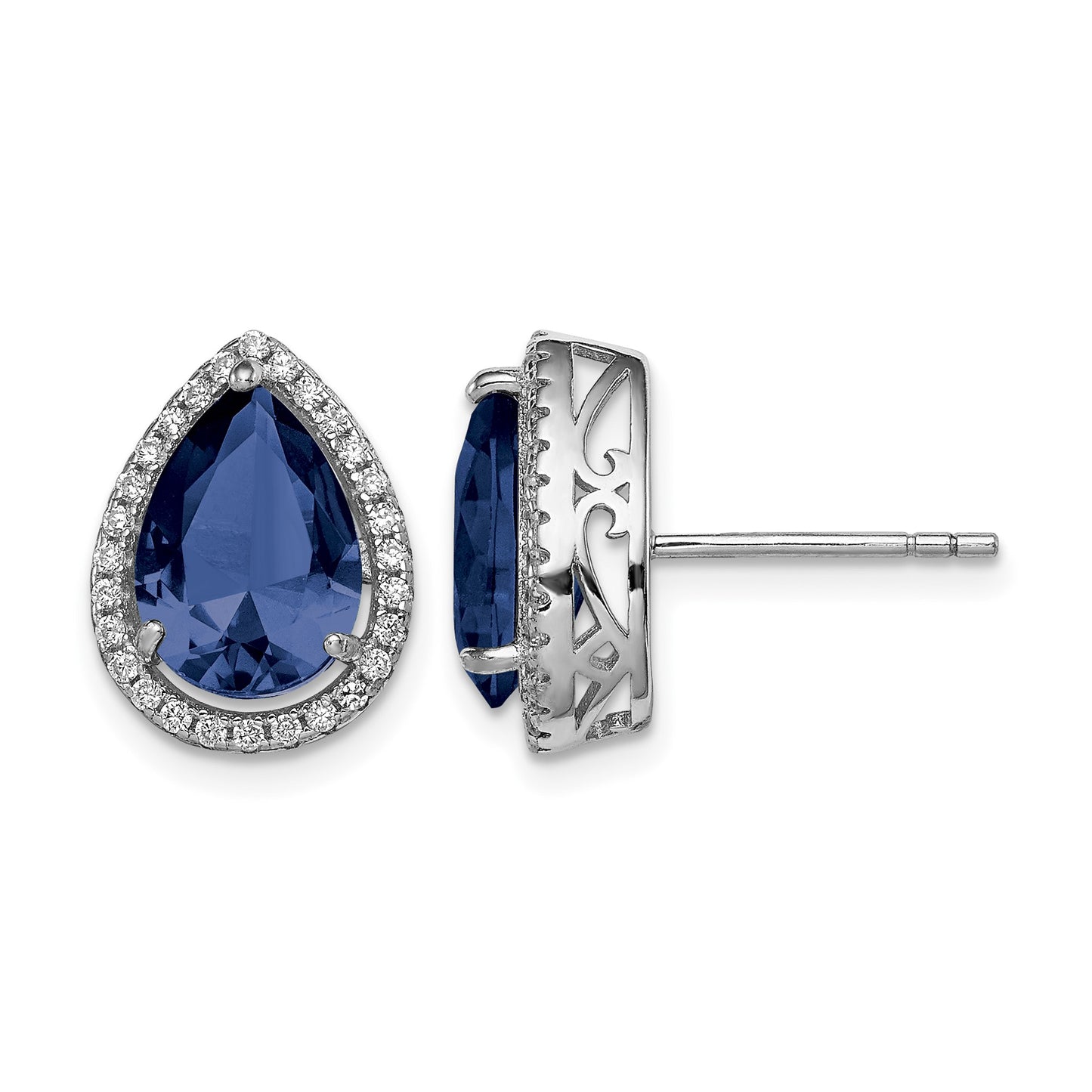 Sterling Silver Rhodium Created Sapphire & CZ Post Earrings