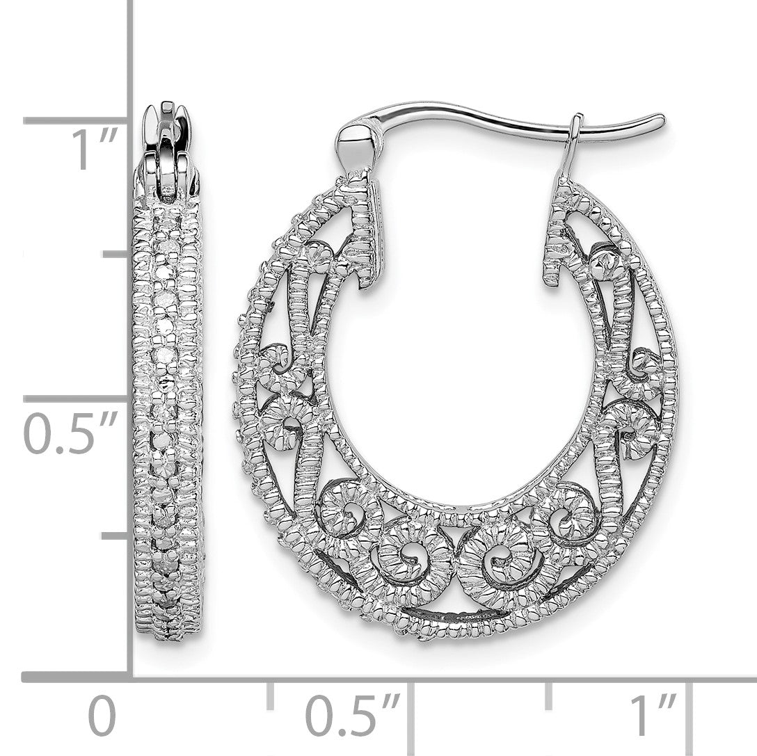 Sterling Silver Rhodium with Diam. Hinged Hoop Earrings