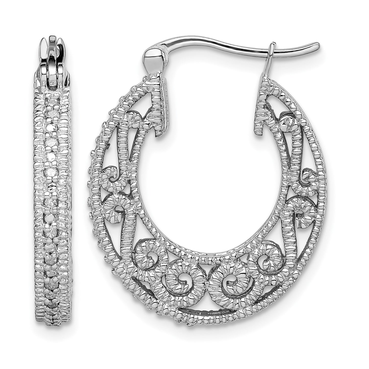 Sterling Silver Rhodium with Diam. Hinged Hoop Earrings