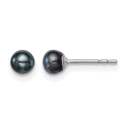 Sterling Silver Rhodium-plated 3-4mm Black Button Freshwater Cultured Pearl Post Earrings