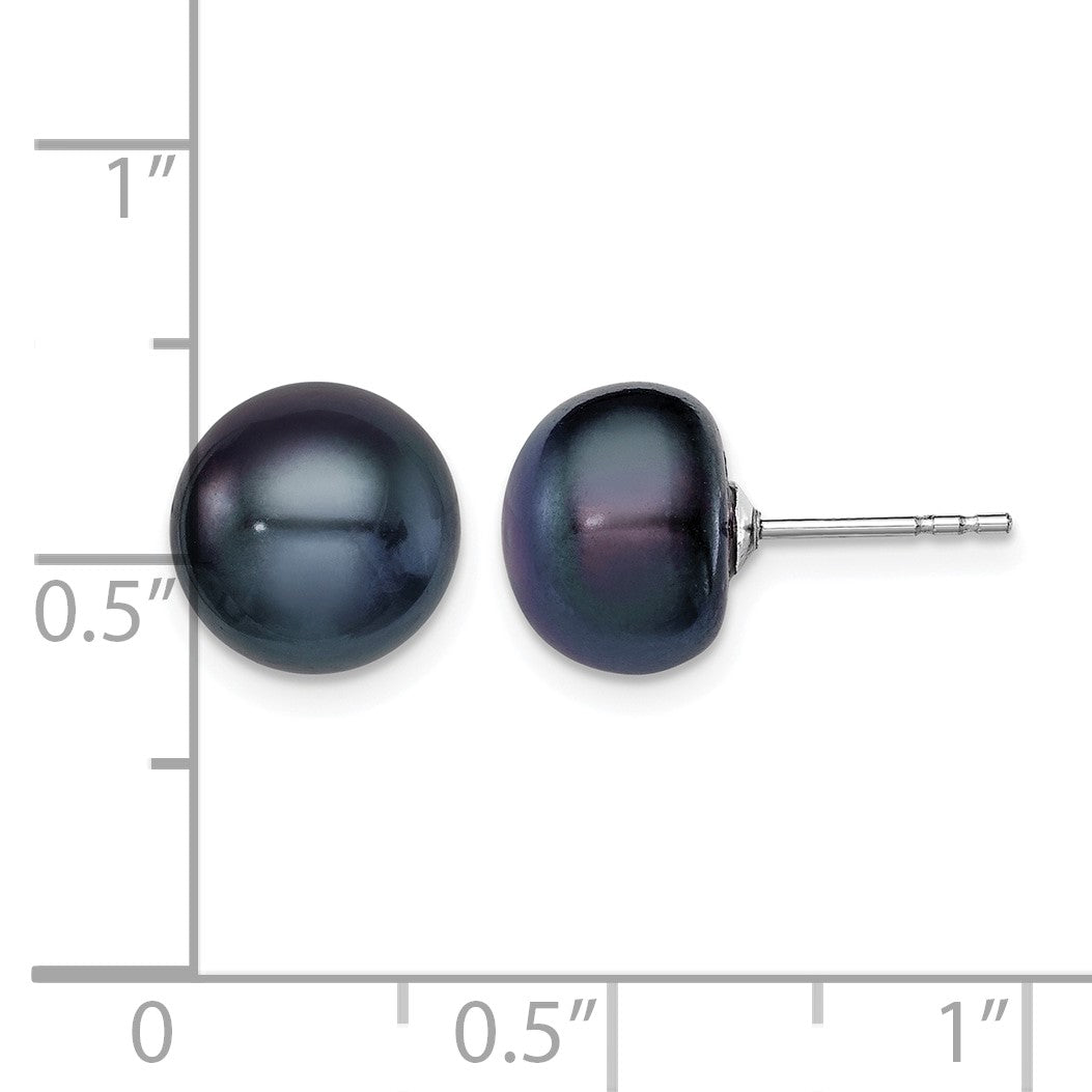Sterling Silver Rhodium-plated 9-10mm Black Button Freshwater Cultured Pearl Post Earrings