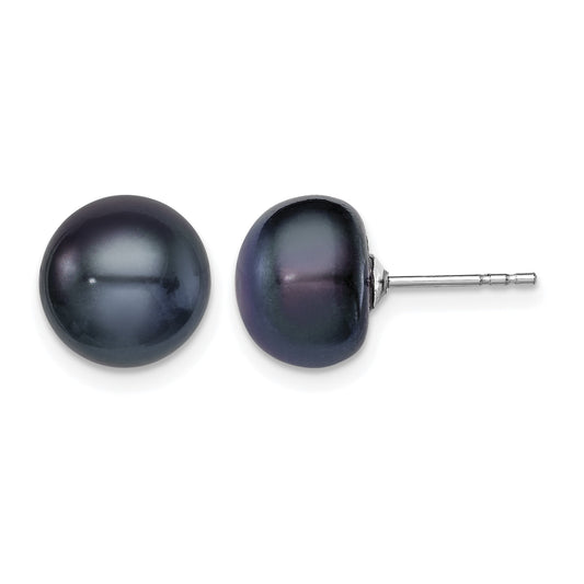 Sterling Silver Rhodium-plated 9-10mm Black Button Freshwater Cultured Pearl Post Earrings