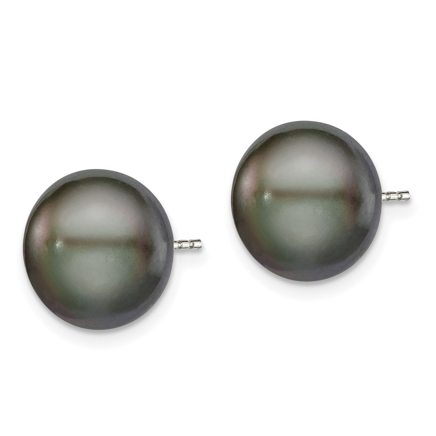 Sterling Silver Rhodium-plated 11-12mm Black Button Freshwater Cultured Pearl Post Earrings