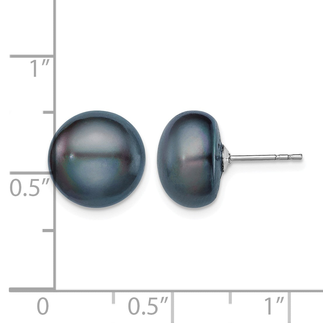 Sterling Silver Rhodium-plated 11-12mm Black Button Freshwater Cultured Pearl Post Earrings