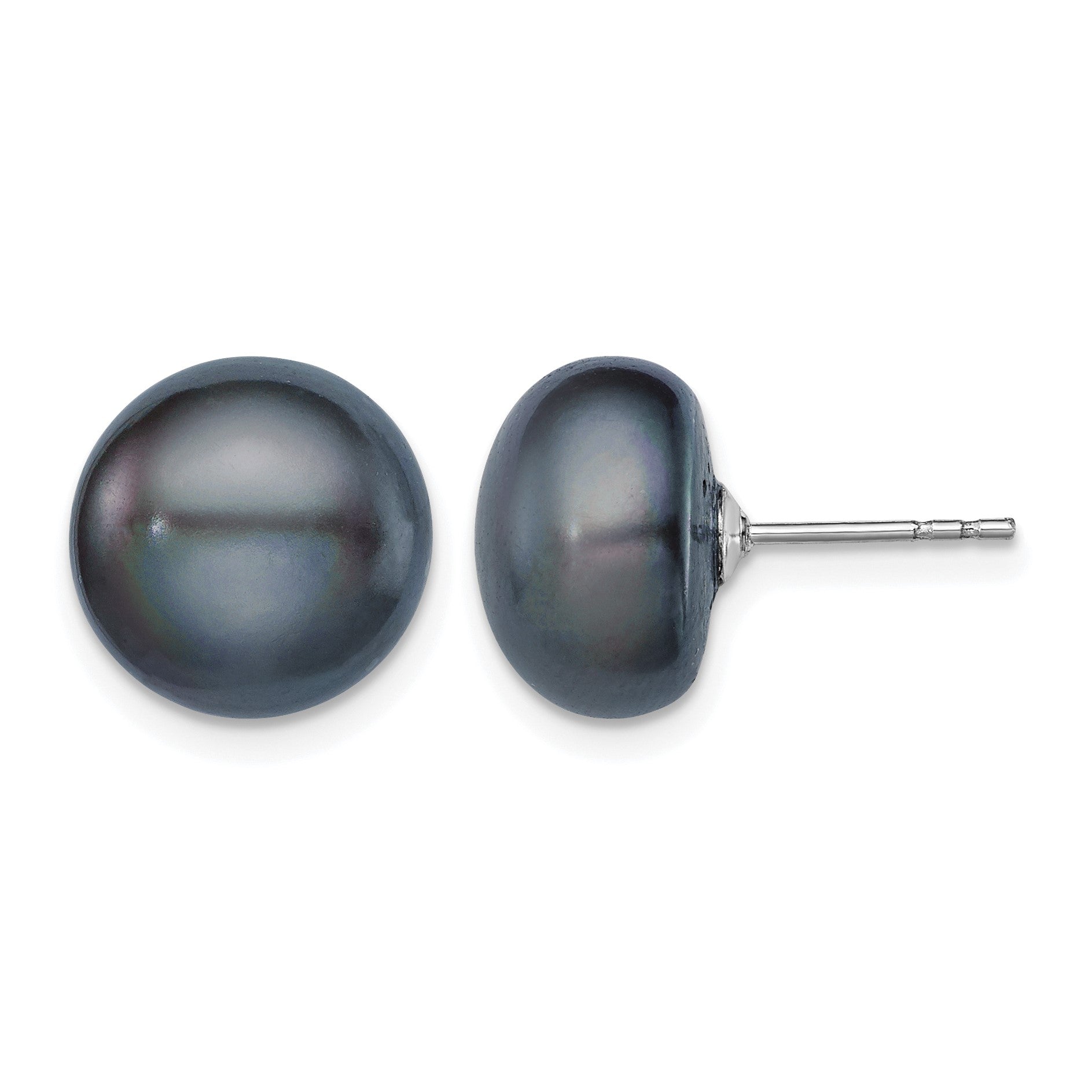 Sterling Silver Rhodium-plated 11-12mm Black Button Freshwater Cultured Pearl Post Earrings