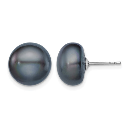 Sterling Silver Rhodium-plated 11-12mm Black Button Freshwater Cultured Pearl Post Earrings