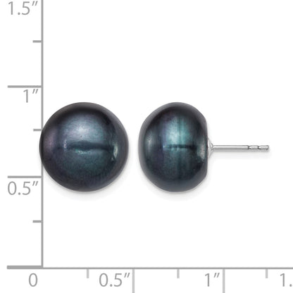 Sterling Silver Rhodium-plated 12-13mm Black Button Freshwater Cultured Pearl Post Earrings