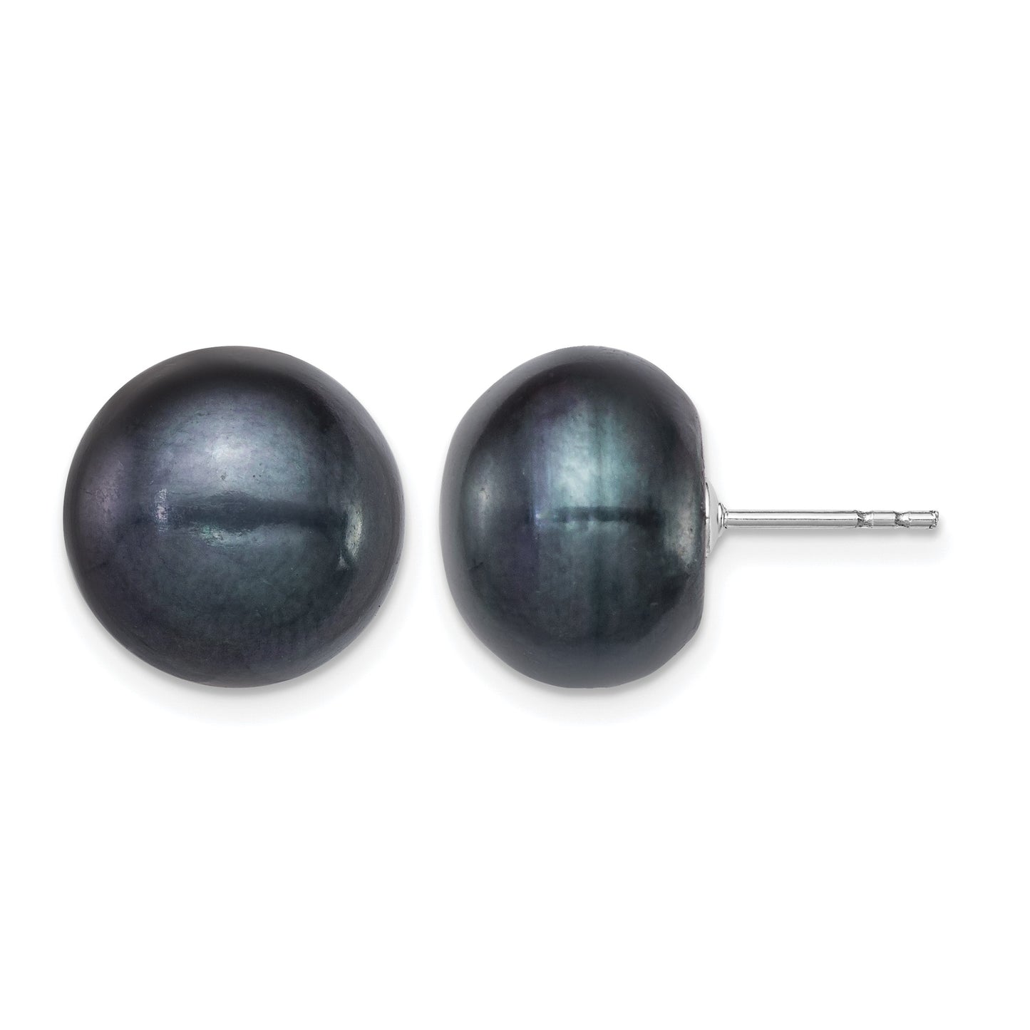 Sterling Silver Rhodium-plated 12-13mm Black Button Freshwater Cultured Pearl Post Earrings