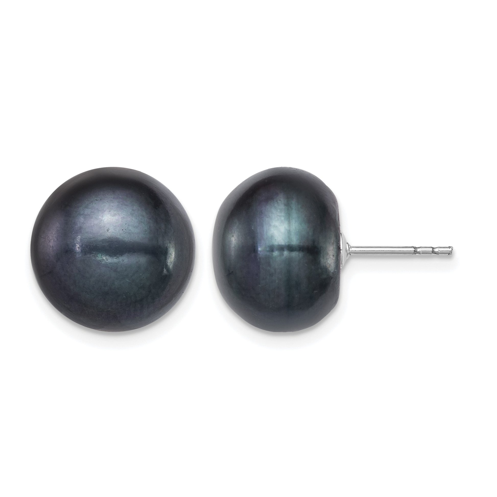 Sterling Silver Rhodium-plated 12-13mm Black Button Freshwater Cultured Pearl Post Earrings