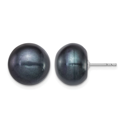 Sterling Silver Rhodium-plated 12-13mm Black Button Freshwater Cultured Pearl Post Earrings