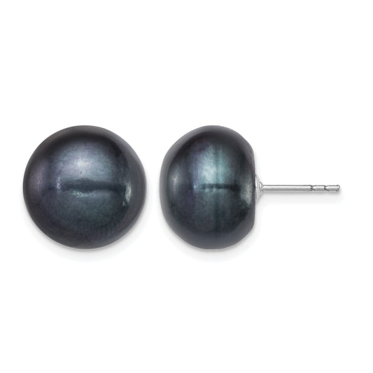 Sterling Silver Rhodium-plated 12-13mm Black Button Freshwater Cultured Pearl Post Earrings