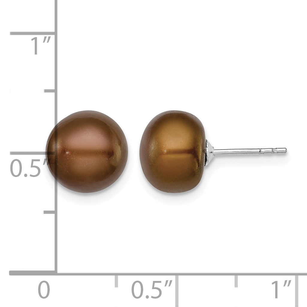 Sterling Silver Rhodium-plated 9-10mm Brown Button Freshwater Cultured Pearl Post Earrings