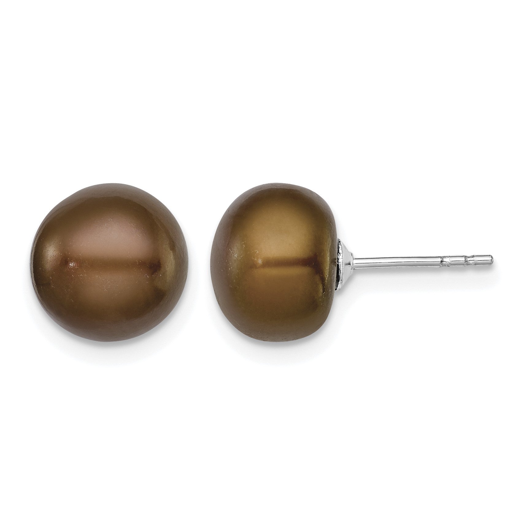 Sterling Silver Rhodium-plated 9-10mm Brown Button Freshwater Cultured Pearl Post Earrings