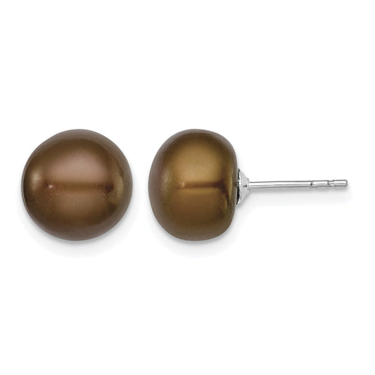 Sterling Silver Rhodium-plated 9-10mm Brown Button Freshwater Cultured Pearl Post Earrings
