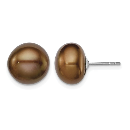 Sterling Silver Rhodium-plated 11-12mm Brown Button Freshwater Cultured Pearl Post Earrings