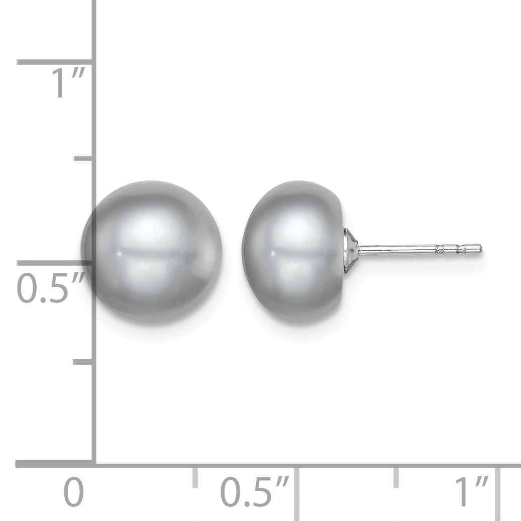 Sterling Silver Rhodium-plated 9-10mm Grey Button Freshwater Cultured Pearl Post Earrings