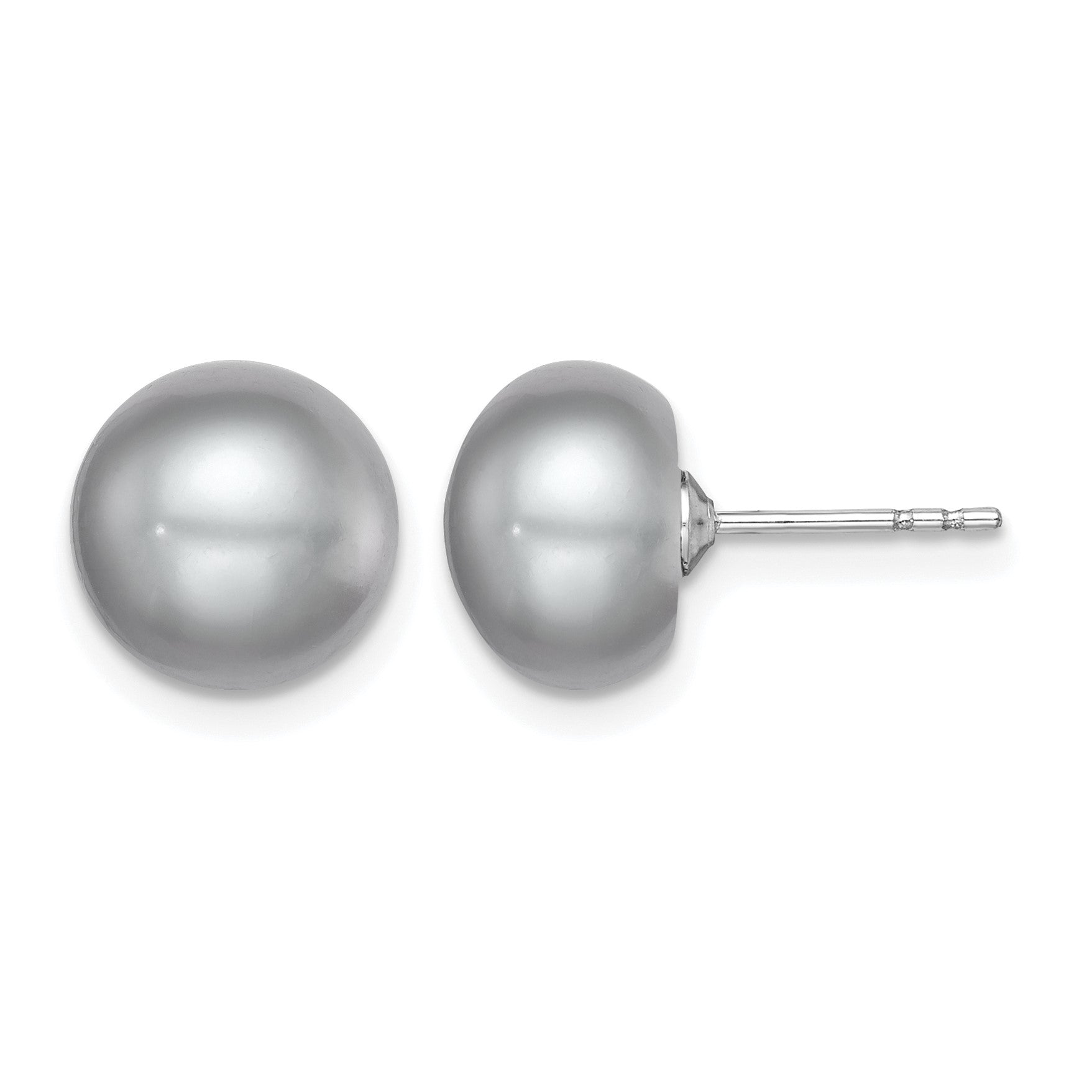 Sterling Silver Rhodium-plated 9-10mm Grey Button Freshwater Cultured Pearl Post Earrings