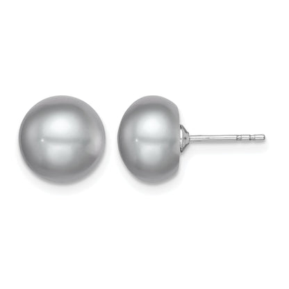 Sterling Silver Rhodium-plated 9-10mm Grey Button Freshwater Cultured Pearl Post Earrings
