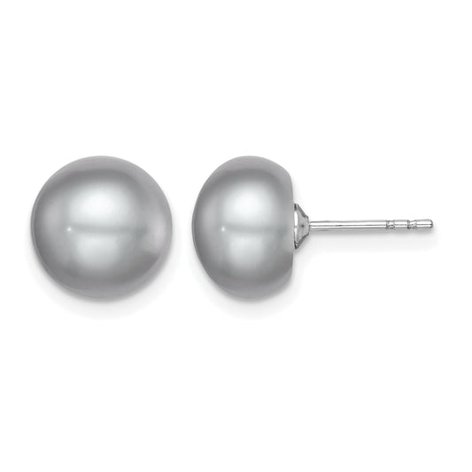 Sterling Silver Rhodium-plated 9-10mm Grey Button Freshwater Cultured Pearl Post Earrings