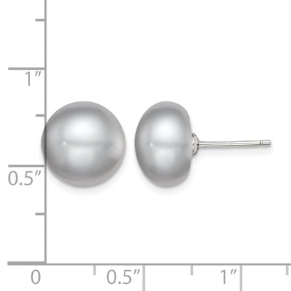 Sterling Silver Rhodium-plated 11-12mm Grey Button Freshwater Cultured Pearl Post Earrings
