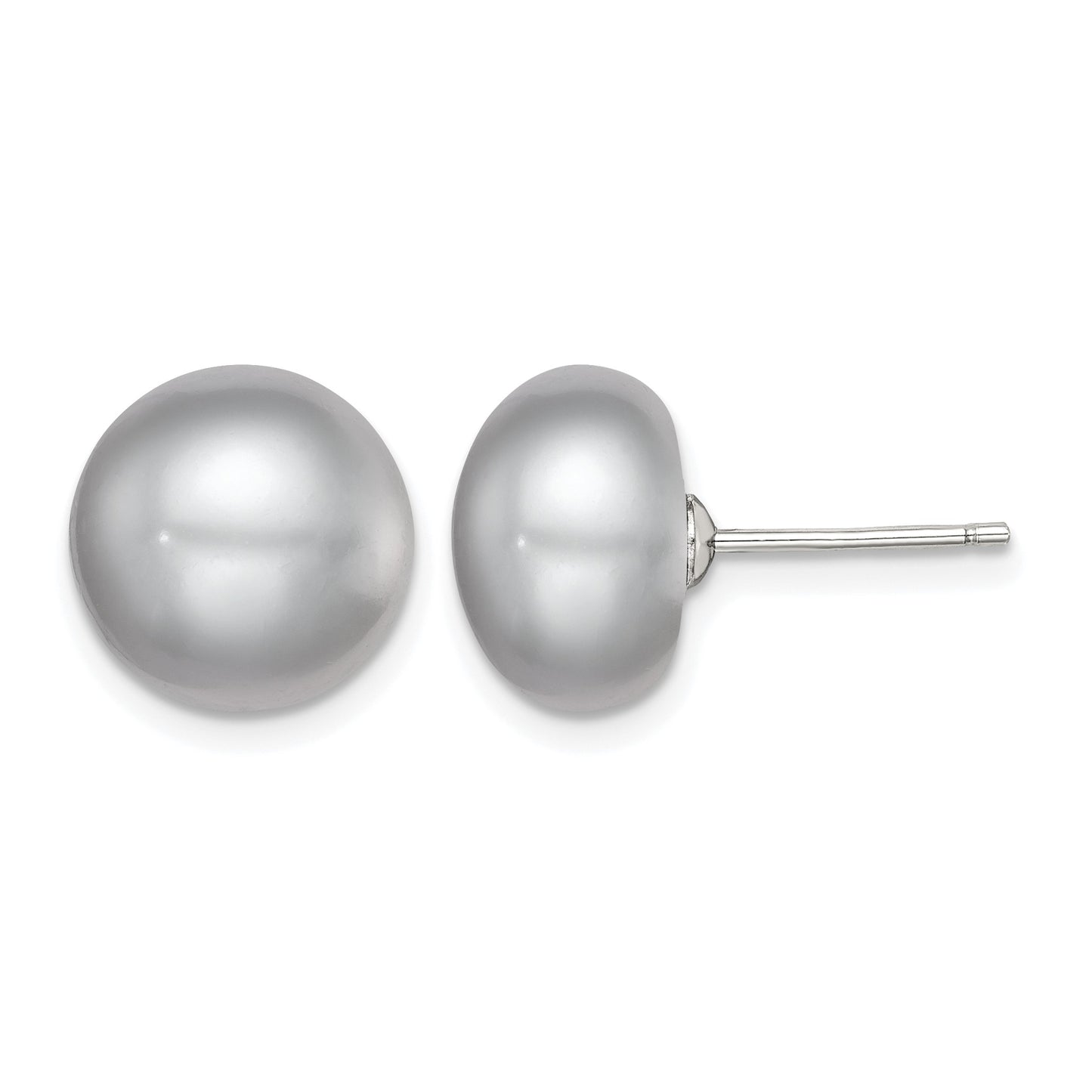 Sterling Silver Rhodium-plated 11-12mm Grey Button Freshwater Cultured Pearl Post Earrings