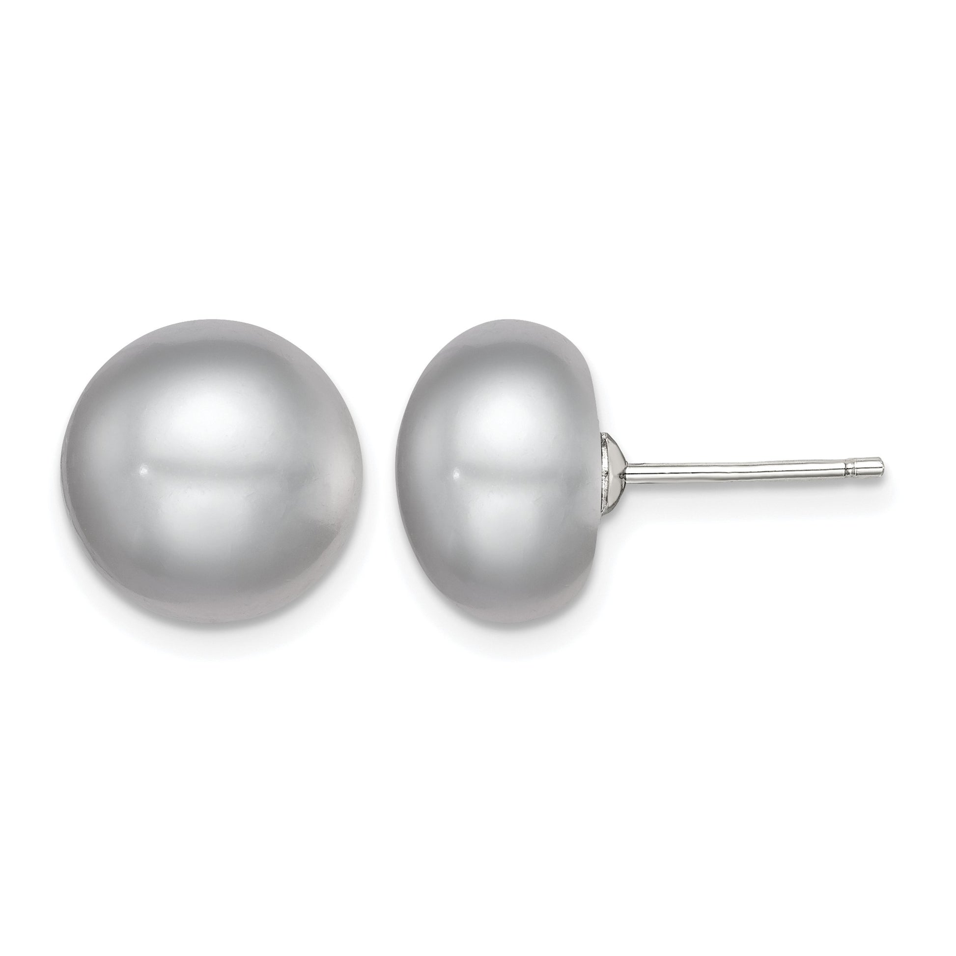 Sterling Silver Rhodium-plated 11-12mm Grey Button Freshwater Cultured Pearl Post Earrings