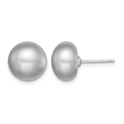 Sterling Silver Rhodium-plated 11-12mm Grey Button Freshwater Cultured Pearl Post Earrings